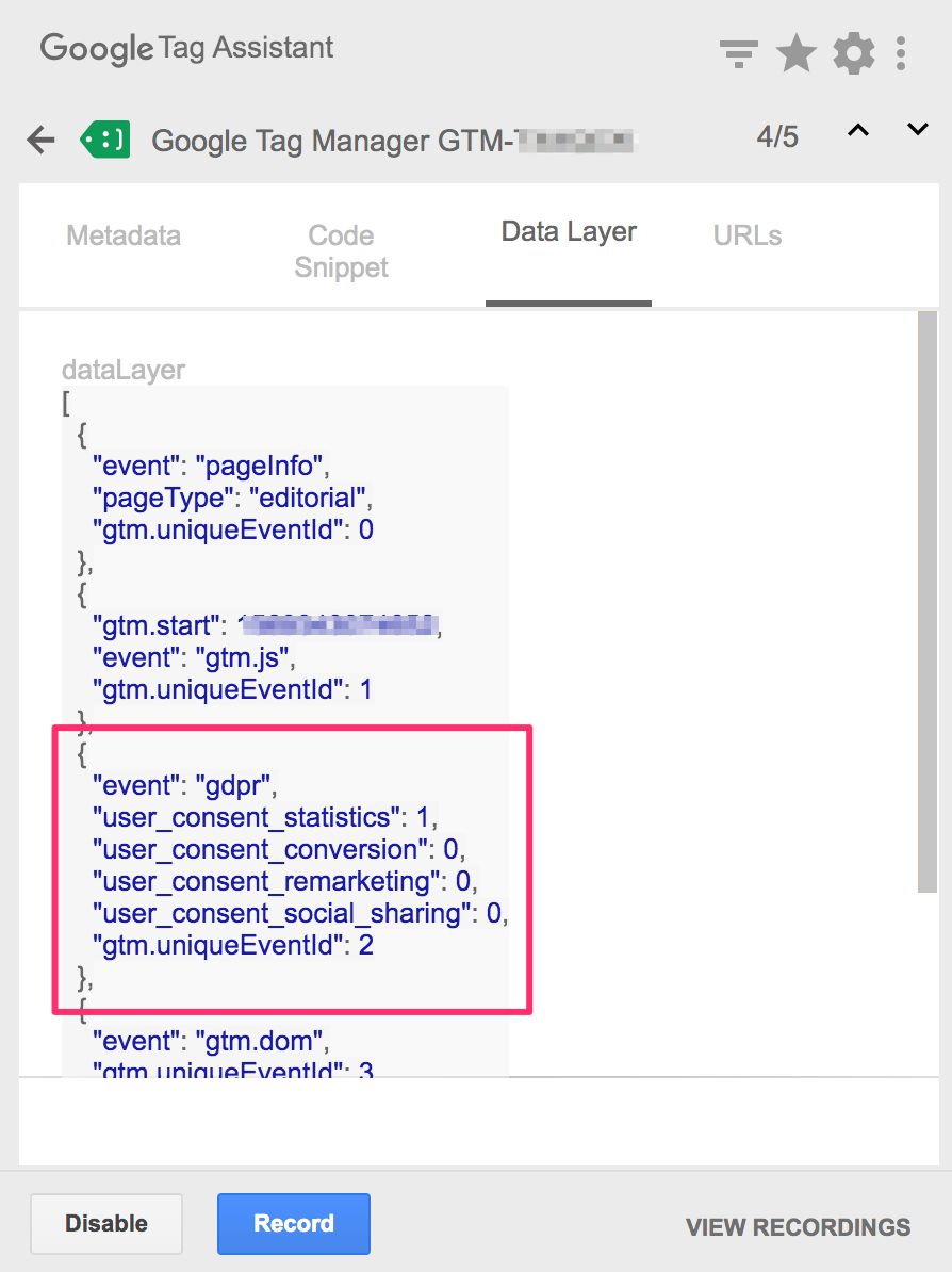 Copie d'écran du Google Tag Assistant dans Chrome montrant les variables de consentement dans le dataLayer