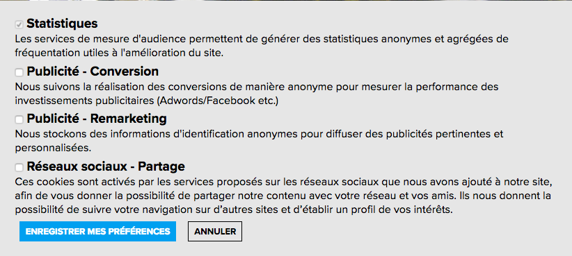 Bannière EU Cookie Compliance avec choix des catégories uniquement